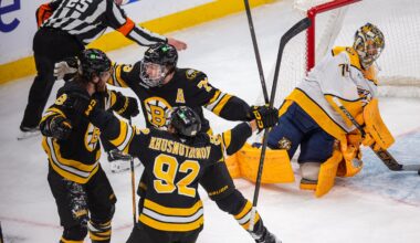 David Pastrnak (left) scored 15 seconds into overtime to give the Bruins a 3-2 win over the Predators on Tuesday night.