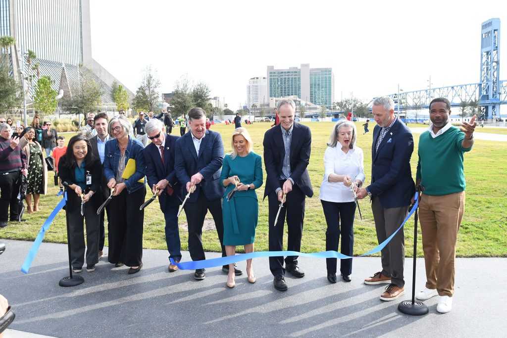 Jacksonville Mayor Donna Deegan joined other city officials in the Dec. 5 ribbon cutting for Riverfront Plaza.