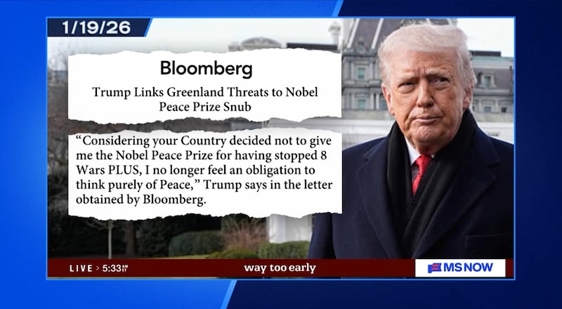 Late Night with Seth Meyers, Meyers quoting a Boomberg article about Trump's Greenland threats.