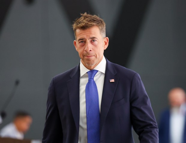 Illinois Secretary of State Alexi Giannoulias leaves the lectern after speaking at the Cook County Democratic Party primary slating on July 18, 2025, in Chicago. (Stacey Wescott/Chicago Tribune)