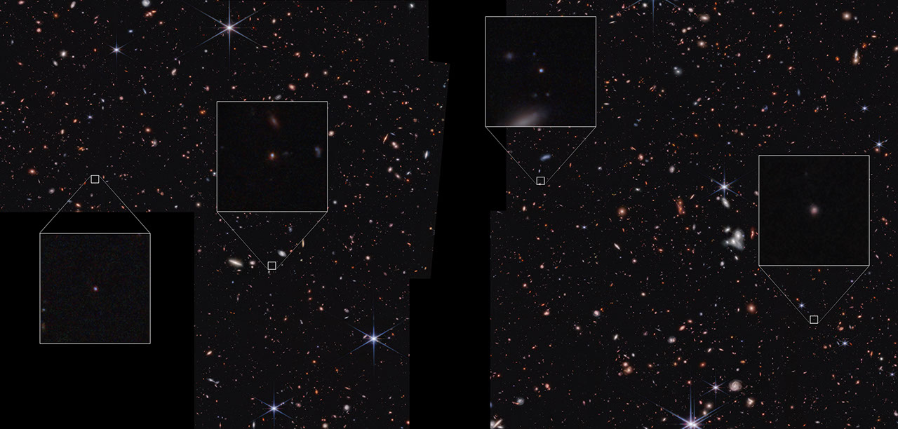 James Webb Space Telescope image showing a broad area of space with many small galaxies, four of which are highlighted in pull-out boxes. The four highlighted galaxies are very small, appearing as points of light. Black areas of the overall image indicate where the telescope did not collect data - a vertical section in the center and a square in the lower left corner.