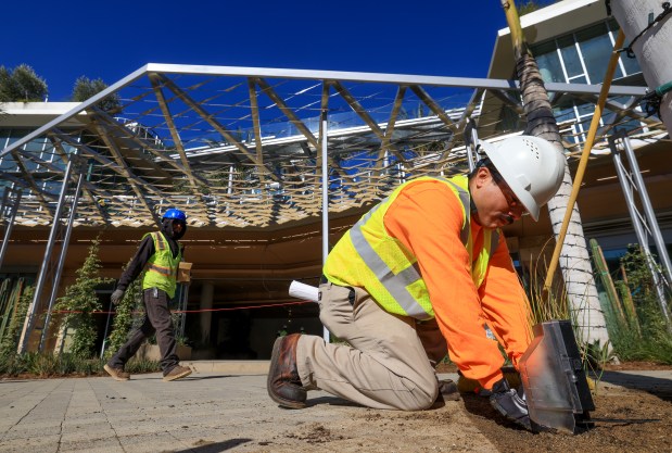 Eric Rodriguez works to put in plants in front of the main entrance to the new 222 North City apartment building in mid-December. (Hayne Palmour IV / For The San Diego Union-Tribune)