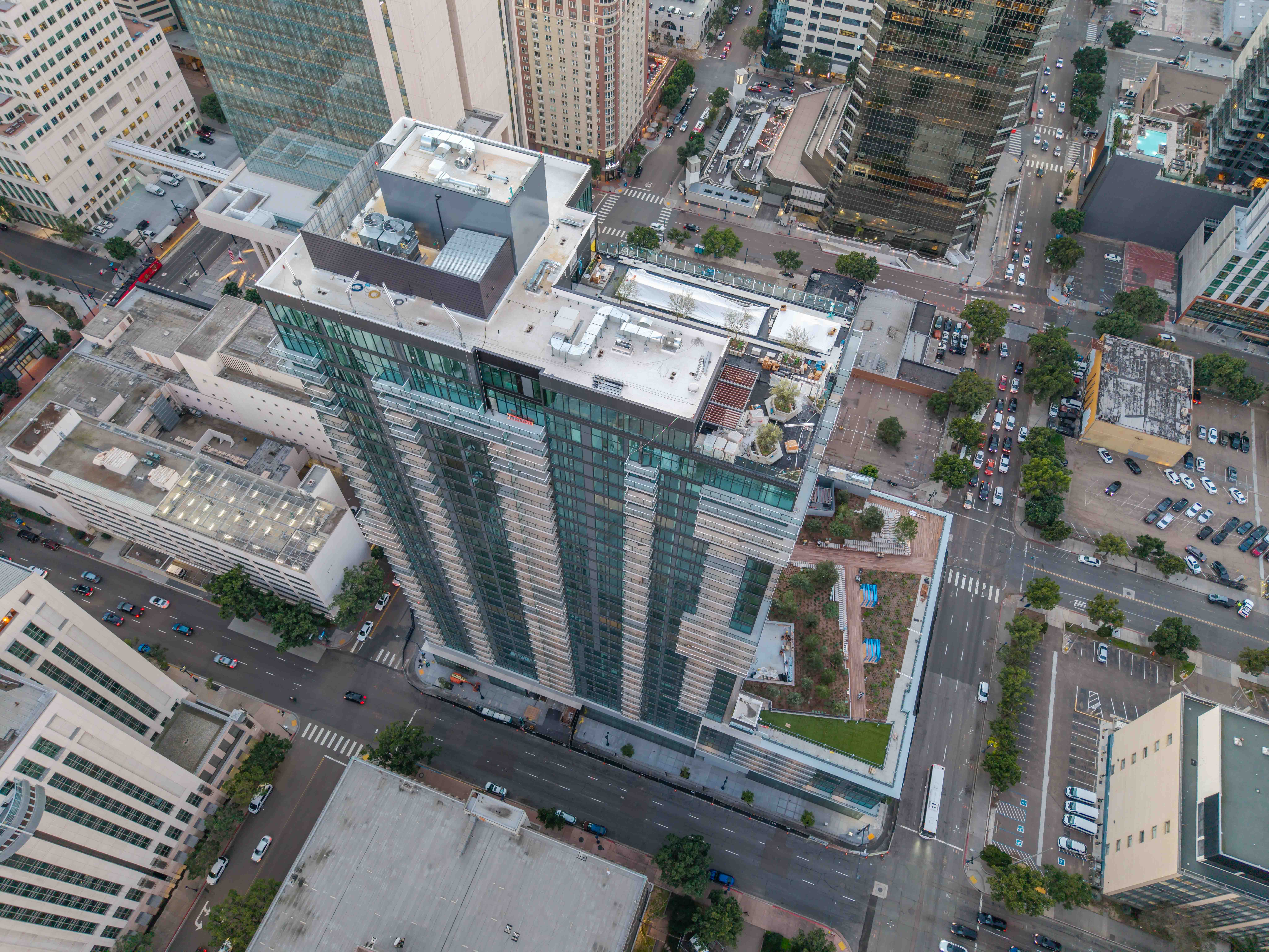 Aerial shots of The Torrey apartment complex in downtown San...