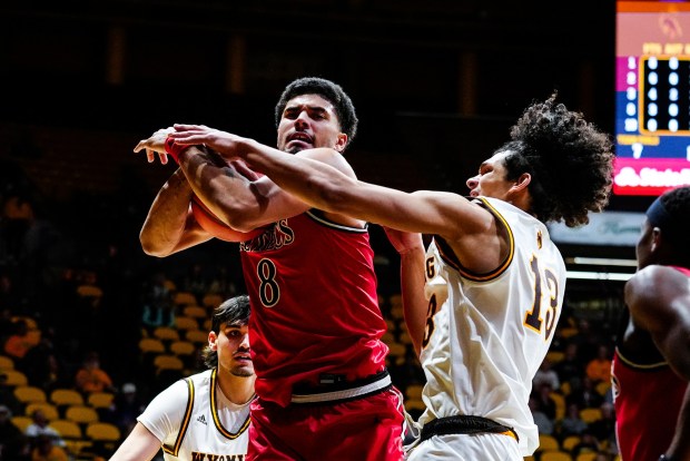 San Diego State's Tae Simmons exerts his will during the first half of Wednesday's win over the Wyoming Cowboys at Arena-Auditorium in Laramie, Wyo. (Troy Babbitt, Wyoming athletics)