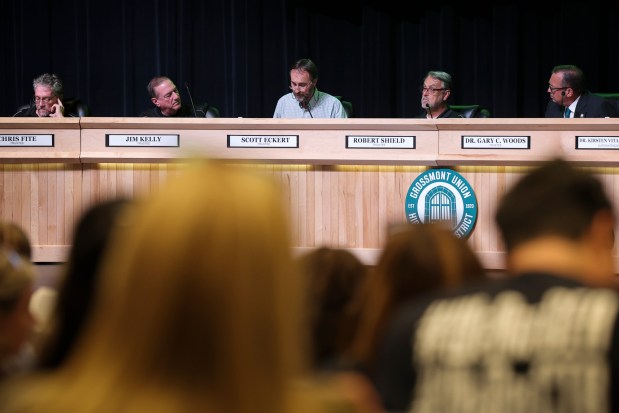Grossmont Union High School District board trustees Chris Fite, Jim Kelly, Scott Eckert, Robert Shield and Gary Woods during a board meeting at Grossmont High School on Thursday, July 17, 2025, in El Cajon. The district has settled a lawsuit brought by a former administrator who alleged she was fired as part of an anti-LGBTQ+ campaign by a majority of the school board. (Meg McLaughlin / The San Diego Union-Tribune)
