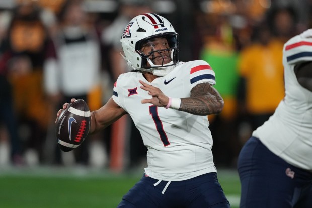 Arizona quarterback Noah Fifita is approaching several career passing records for the Wildcats. (AP Photo/Rick Scuteri)