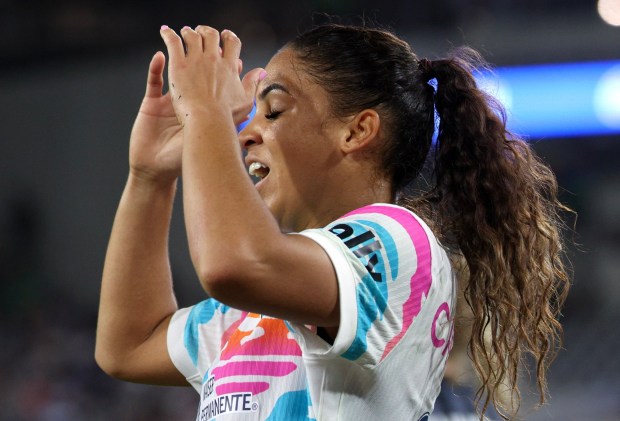 The Wave's Delphine Cascarino reacts to a missed goal attempt against Washington Spirit in the final minutes of the second half at Snapdragon Stadium in San Diego on Sunday, June 22, 2025. (Hayne Palmour IV / For The San Diego Union-Tribune)