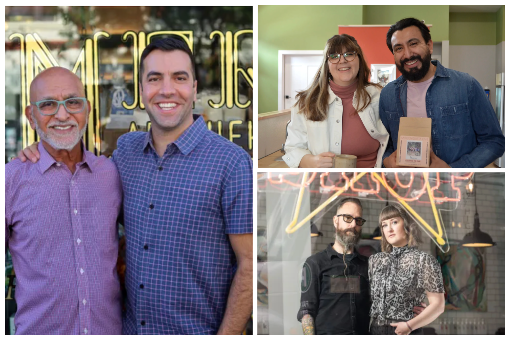 Top to bottom, left to right: Merz Apothecary owners Abdul and Anthony Qaiyum; Anticonquista Café founders Lauren Reese and Elmer Fajardo Pacheco; and Rev. Billy’s Chop Shop owners Rev. Billy and Amanda Simmons.