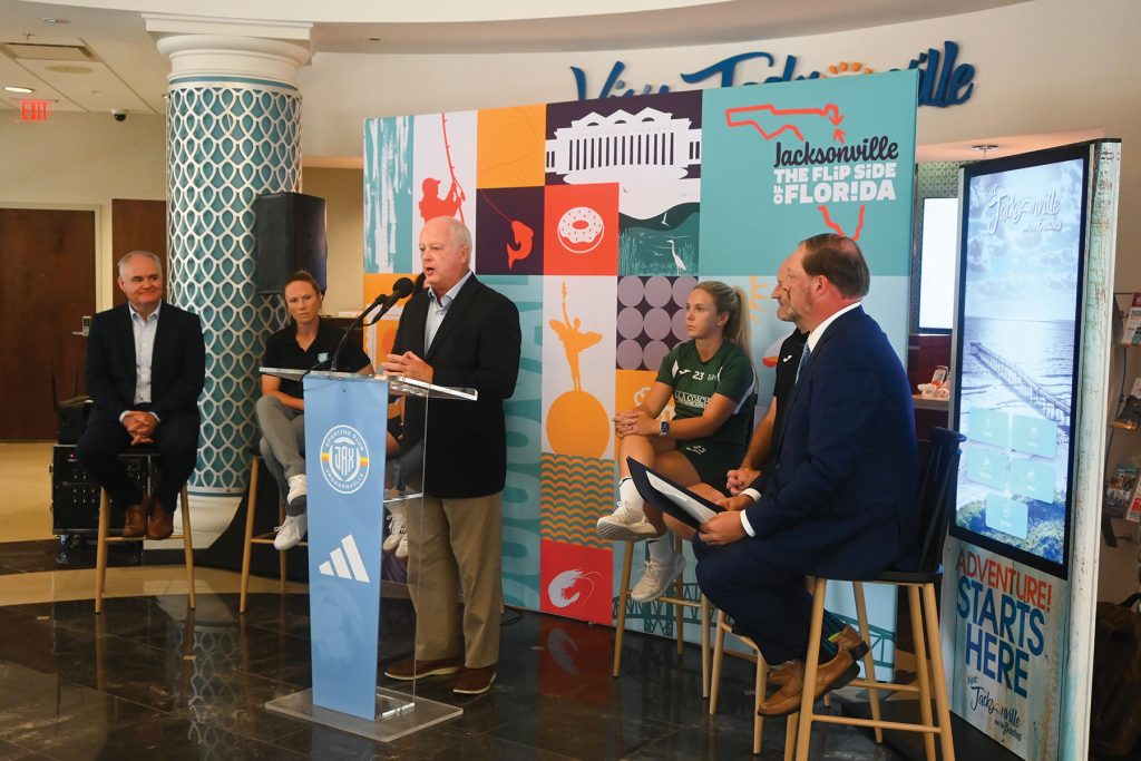 Michael welcoming the teams at Sporting Jax Press Conference before their first match, an international friendly, vs. Hibernian FC