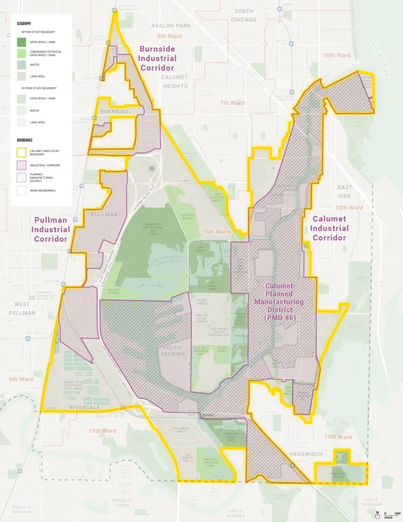 2025 map of Calumet area of Chicago shows land use priorities for next 20 years