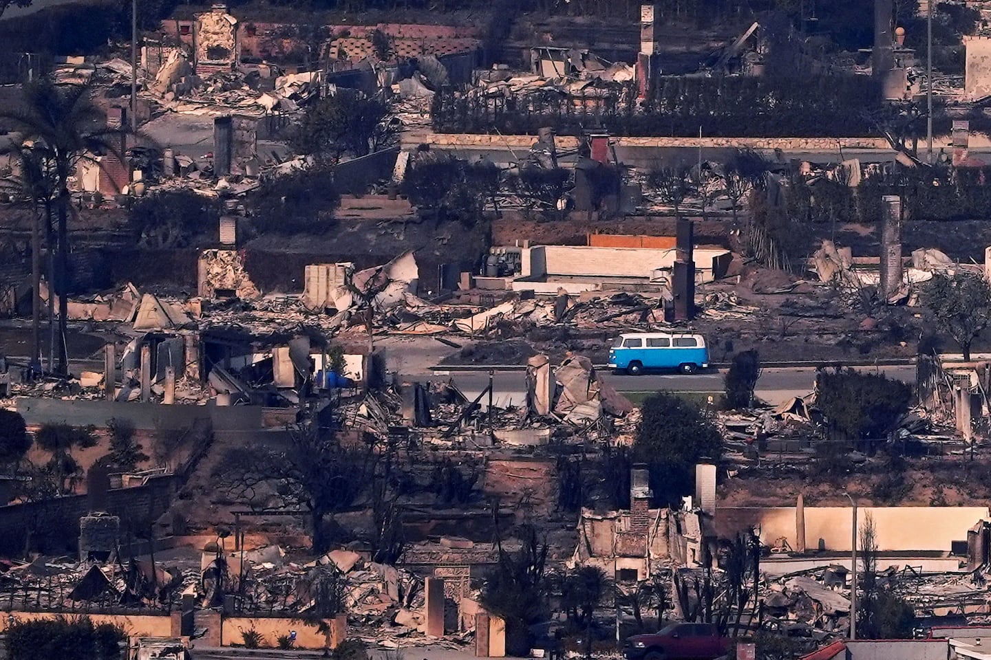 A bus sat among burned out homes, on Jan. 9, 2025, in Malibu, Calif.