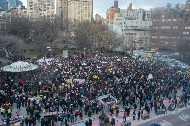 Protestors rally in Union Square before marching to Madison Square Park in Manhattan Friday, January 23, 2026 in New York, New York. (Barry Williams/ New York Daily News)