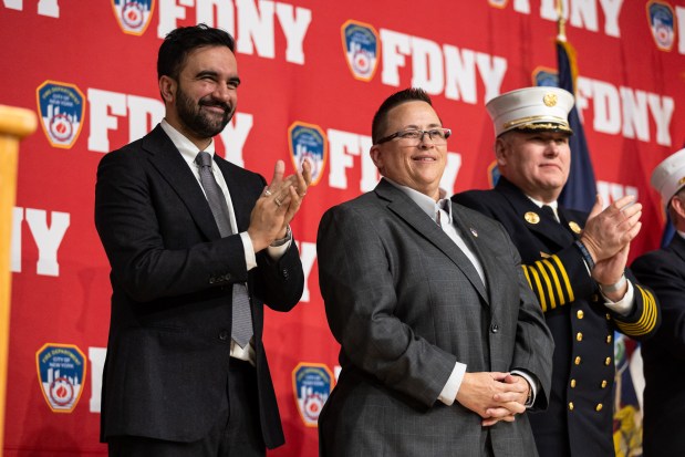 FDNY Commissioner Lilian Bonsignore, center, with Mayor Zohran Mamdani, left, and Chief of Department John Esposito, right, during the swearing-in ceremony for FDNY Commissioner Lilian Bonsignore at the FDNY headquarters in Brooklyn, Tuesday, January 6, 2026. (Shawn Inglima/ New York Daily News)