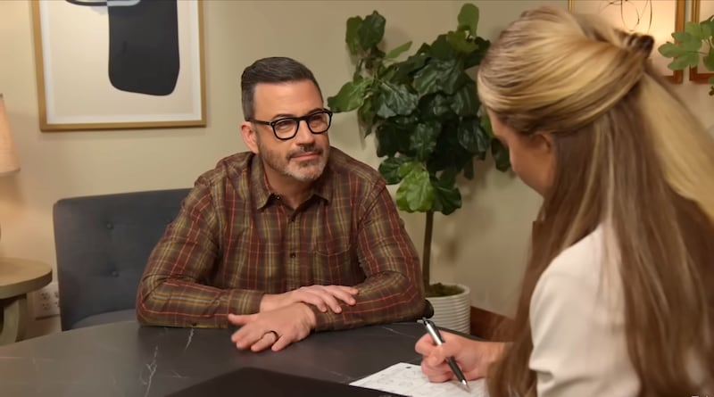 Jimmy Kimmel Live! Kimmel wearing glasses to take a dementia test.