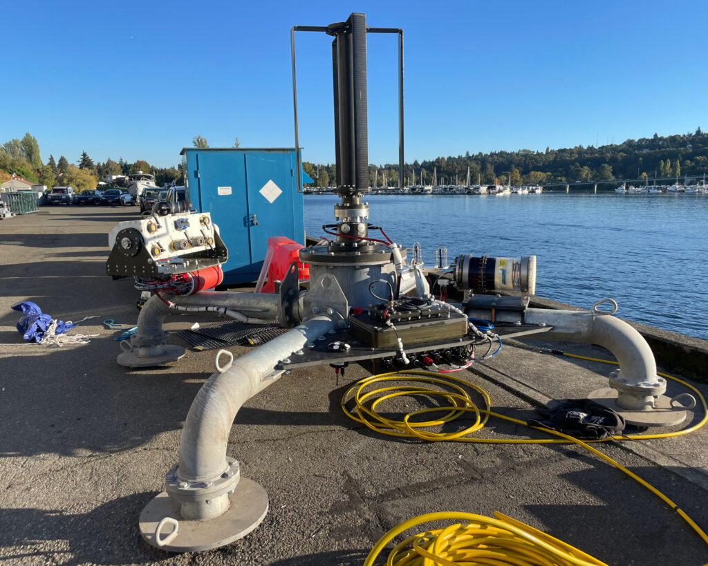 A tidal turbine equipped with an array of optical cameras and sensors to monitor marine life interactions. Credit: Christopher Bassett/University of Washington