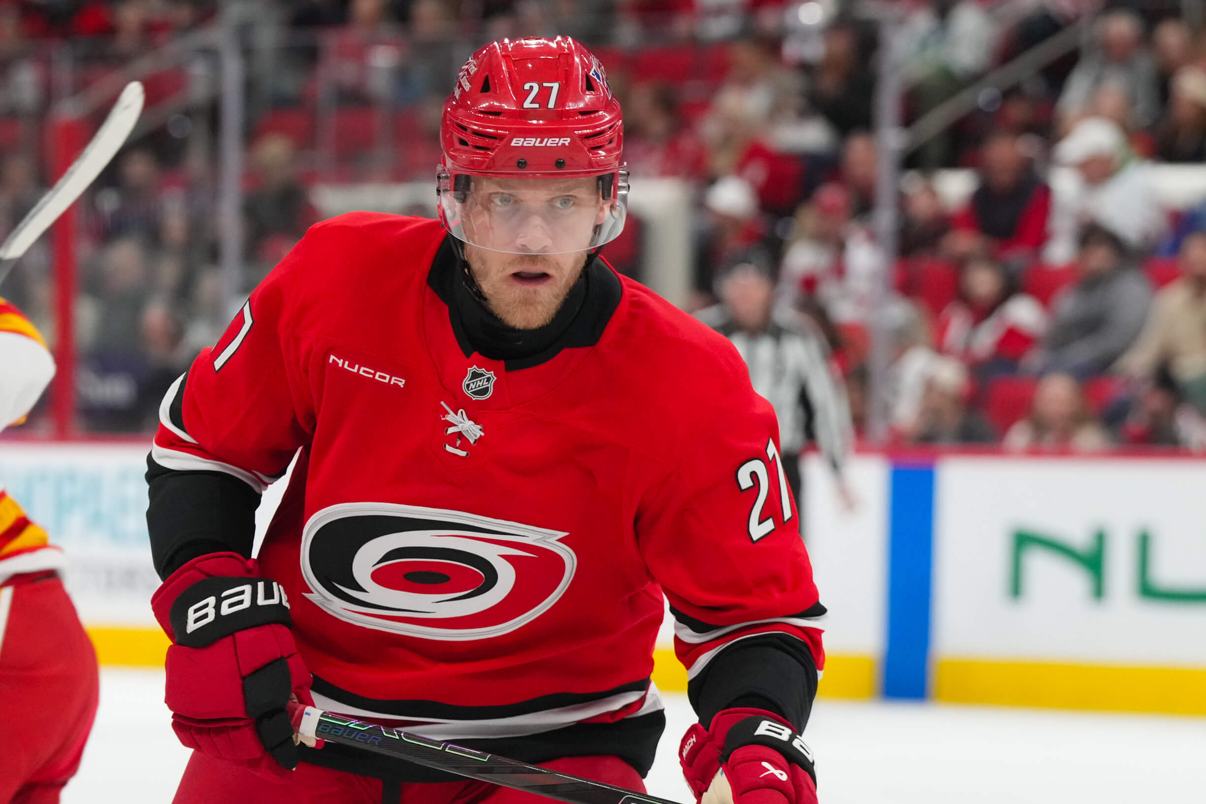 Nikolaj Ehlers skates during a Hurricanes game against the Calgary Flames