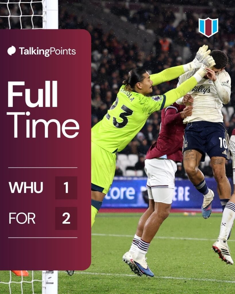 Alphonse Areola of West Ham United comes out to attempt to punch the ball and collides with Morgan Gibbs-White of Nottingham Forest to concede a penalty during the Premier League match between West Ham United and Nottingham Forest at London Stadium on January 06, 2026 in London, England.