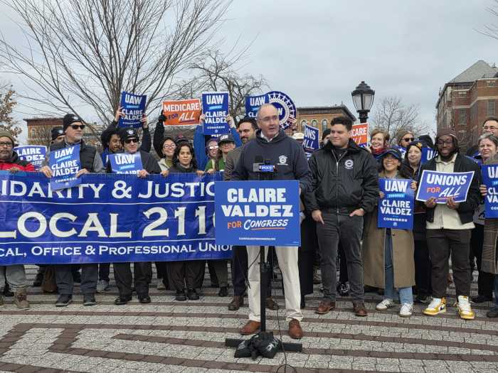 UAW President Shawn Fain also spoke at the event. Photo by Shane O'Brien.