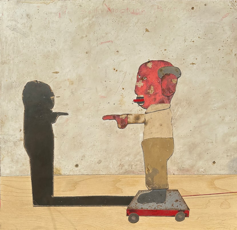 Kirk Hayes' 2025 oil-on-signboard work "The Self Mocking Painting" features an unassuming...