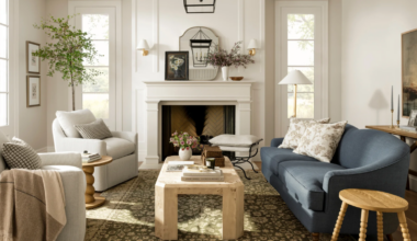 a neutral living room with light wood accent decor, a blue couch, and a large fireplace