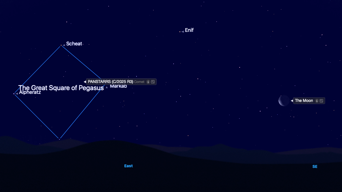 A star map showing the great square of Pegasus and various stars and objects labeled, including the moon. Inside the square is a labeled dot for Comet Panstarrs