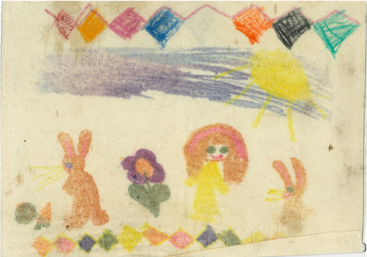 A colourful kids drawing showing a person, bunny and flower.