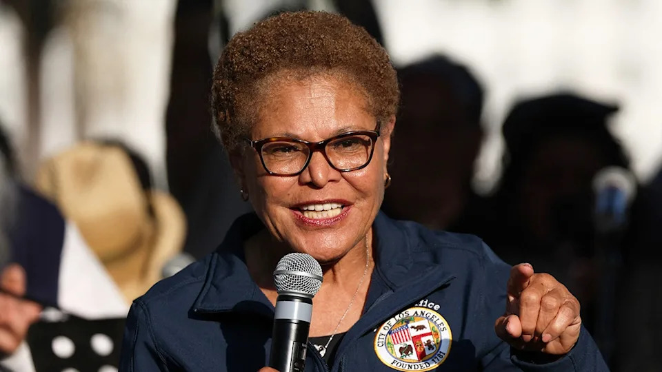 Los Angeles Mayor Karen Bass speaking at a press conference