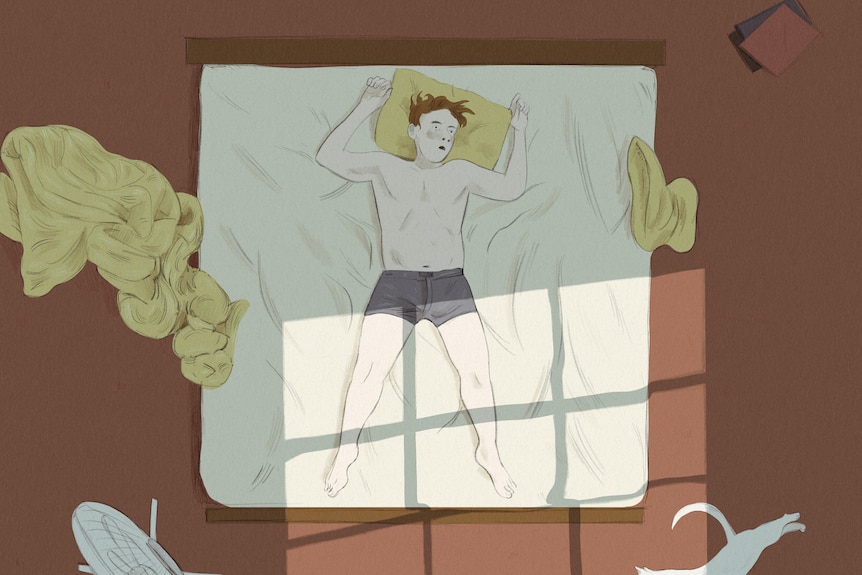 Top down view illustration of a man lying awake at night sweating on a bed