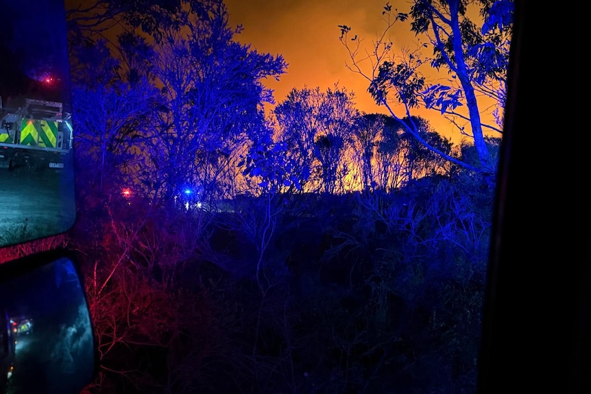 A bushfire burning in the Otways at night.