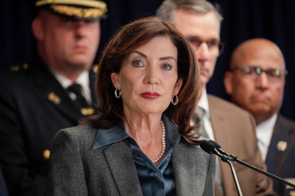 New York State Governor Kathy Hochul speaks at a press conference to announce new legislation dubbed the Local Cops, Local Crimes Act on January 30, 2026 in New York City. 