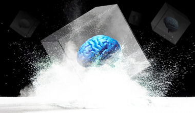 A blue brain in a box crashing into the ground.