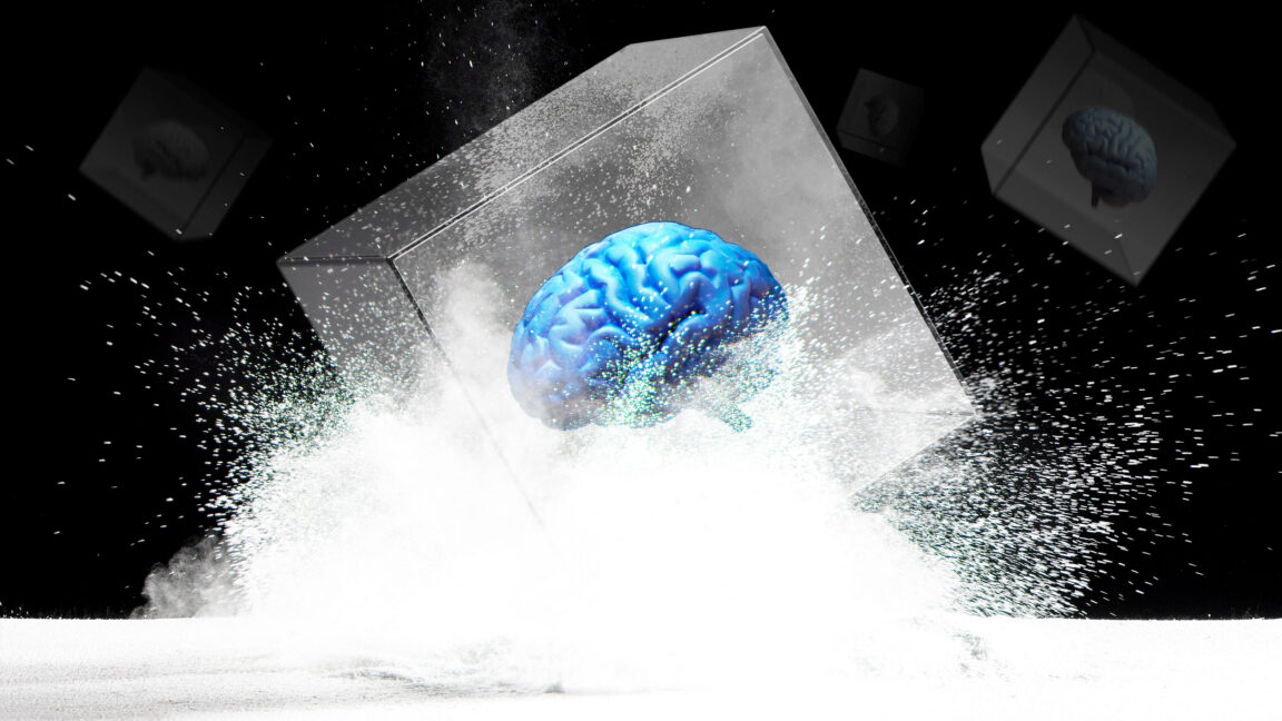 A blue brain in a box crashing into the ground.