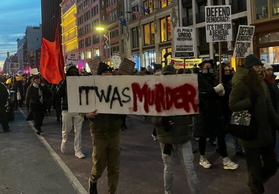 Anti-ICE protesters march through the streets after gathering at Union Square in Manhattan on Saturday afternoon. (Julian Roberts-Grmela / NY Daily News)