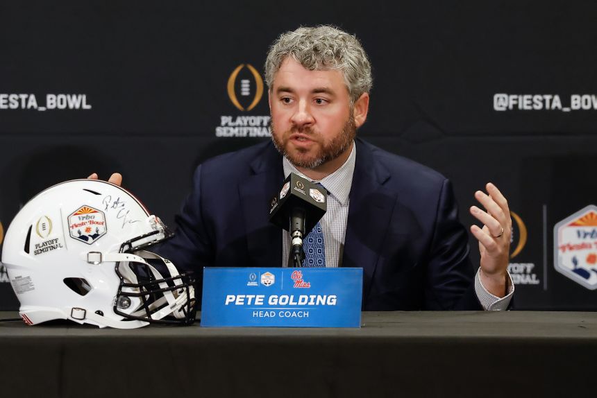 Ole Miss head coach Pete Golding answers a question during a Fiesta Bowl news conference on Wednesday.