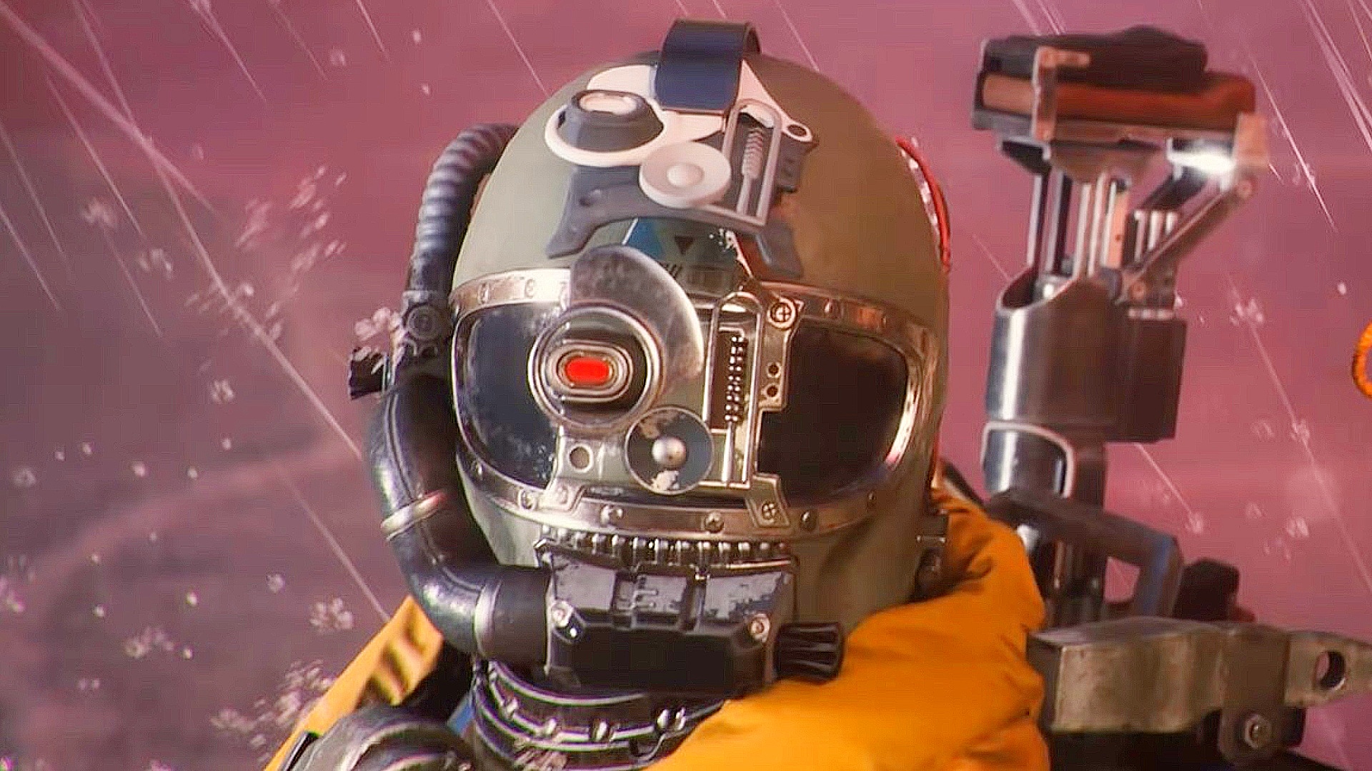 Arc Raiders: A person wearing a robotic helmet with one red eye