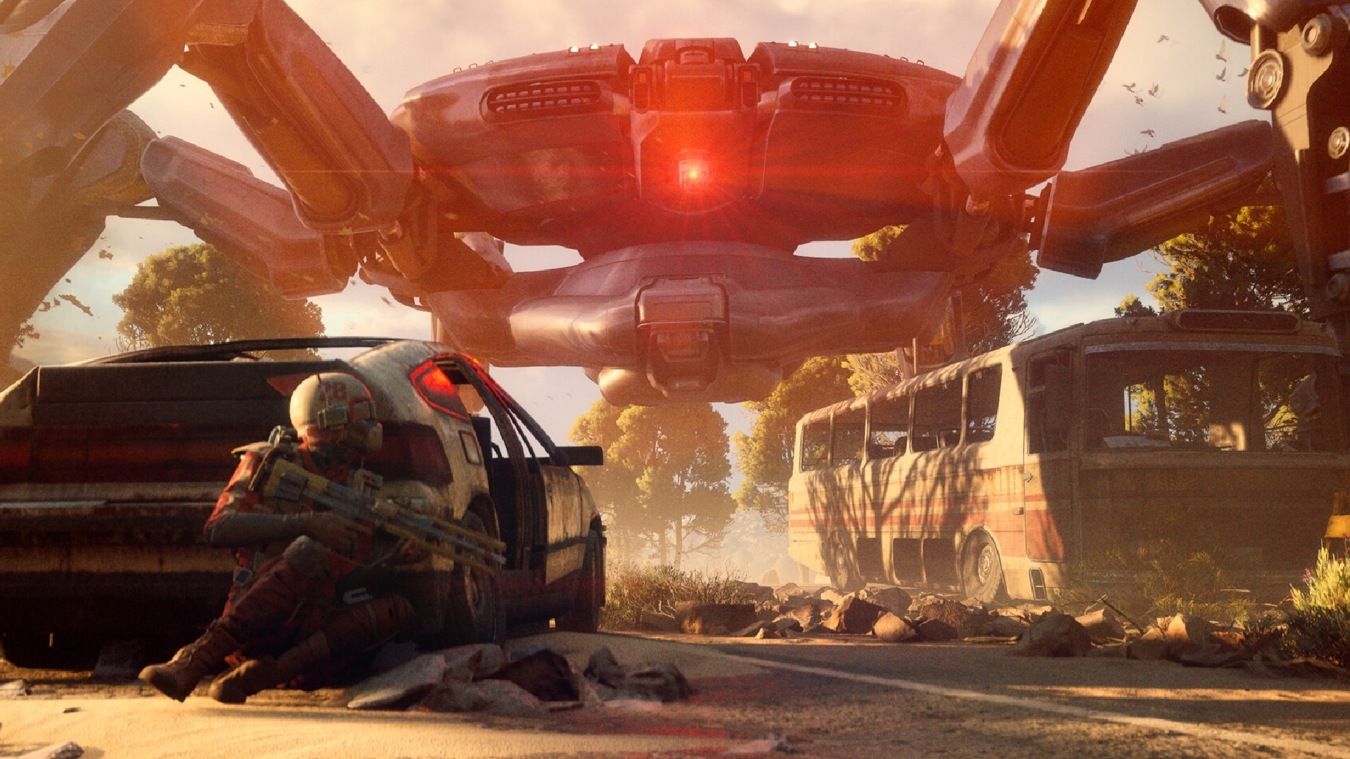 Arc Raiders: A giant robot resembling a spider aims at a raider hiding behind a car with a glowing red laser