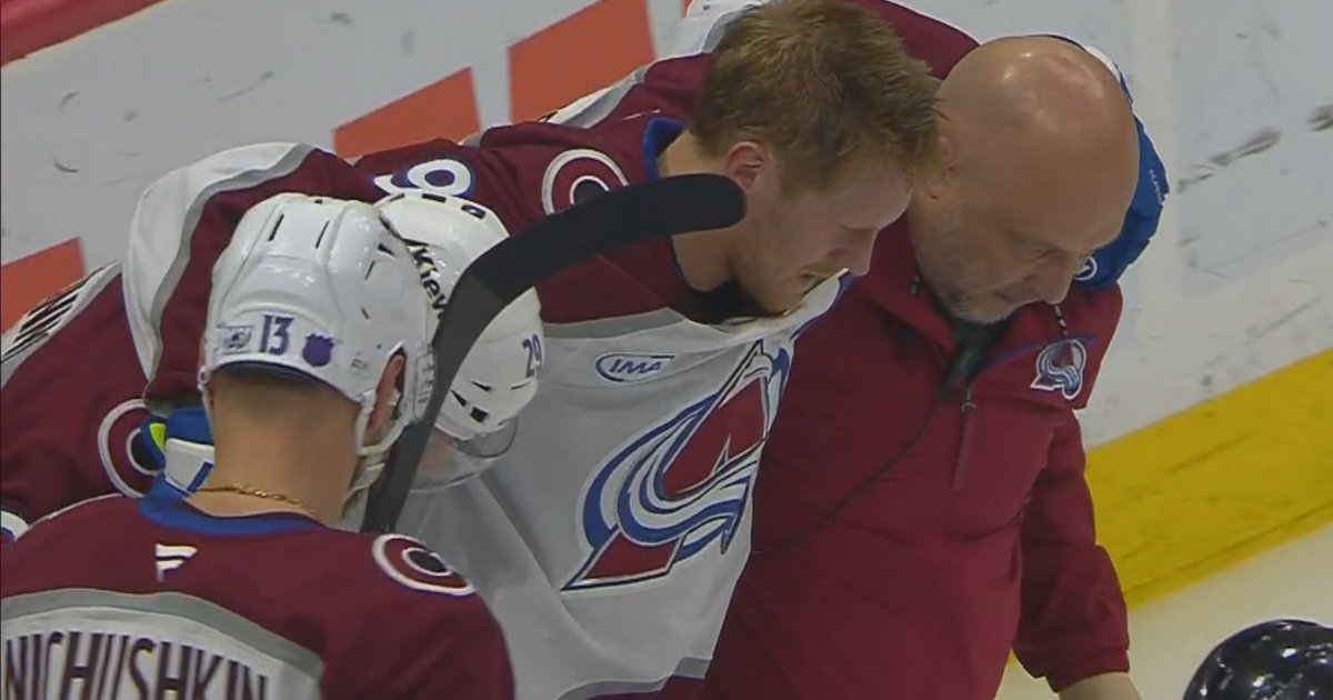 Colorado Avalanche's Gabriel Landeskog goes down in non-contact fall; carried off the ice