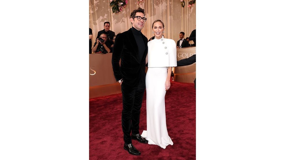 BEVERLY HILLS, CALIFORNIA - JANUARY 11: (FOR EDITORIAL USE ONLY) (L-R) John Krasinski and Emily Blunt attend the 83rd Annual Golden Globe Awards at The Beverly Hilton on January 11, 2026 in Beverly Hills, California. (Photo by Amy Sussman/Getty Images)