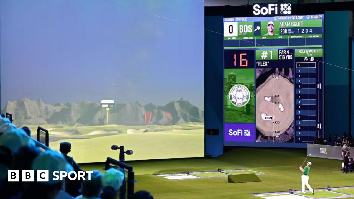 A representation of indoor TGL golf with a player hitting a shot at a simulator screen