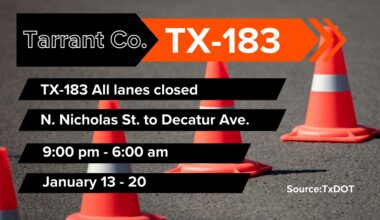 Overnight closures planned on SH 183 in Fort Worth through January 20