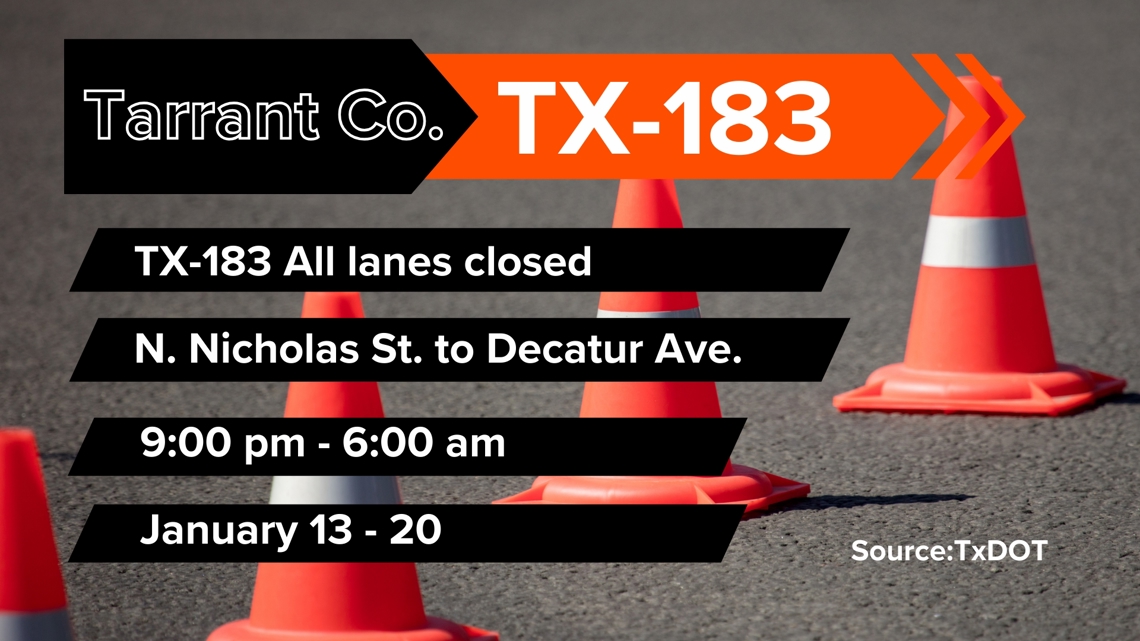 Overnight closures planned on SH 183 in Fort Worth through January 20