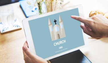 Illustration of a church displayed on a tablet
