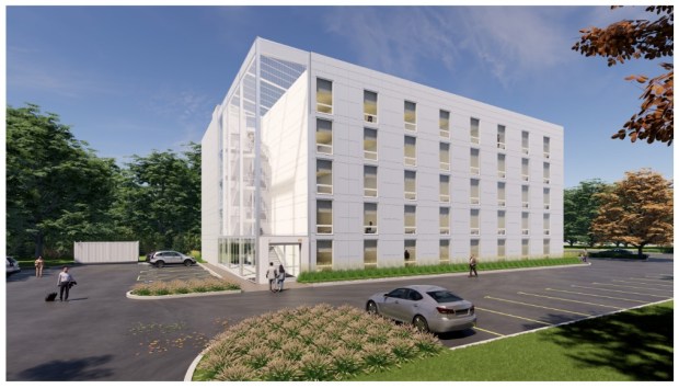 The original white, five-story building that Vessel Technologies proposed in Bethel. It has reached a compromise with the town to build just four floor with a different color scheme. (Courtesy of Town of Bethel)