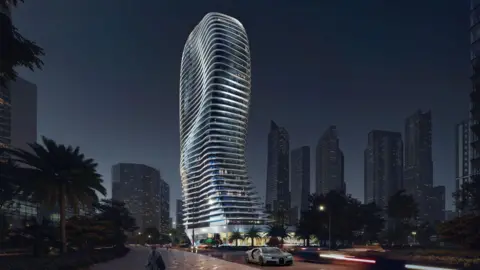 Binghatti Properties An artist's impression of how the Bugatti Residences building will look at night when it has been completed