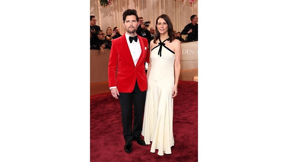 BEVERLY HILLS, CALIFORNIA - JANUARY 11: (FOR EDITORIAL USE ONLY) (L-R) Adam Scott and Naomi Scott attend the 83rd Annual Golden Globe Awards at The Beverly Hilton on January 11, 2026 in Beverly Hills, California. (Photo by Amy Sussman/Getty Images)
