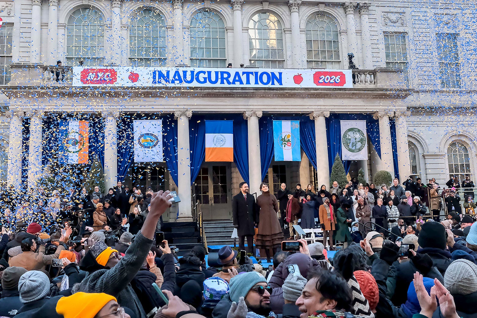 Confetti rains down over New York City Mayor Zohran Mamdani.