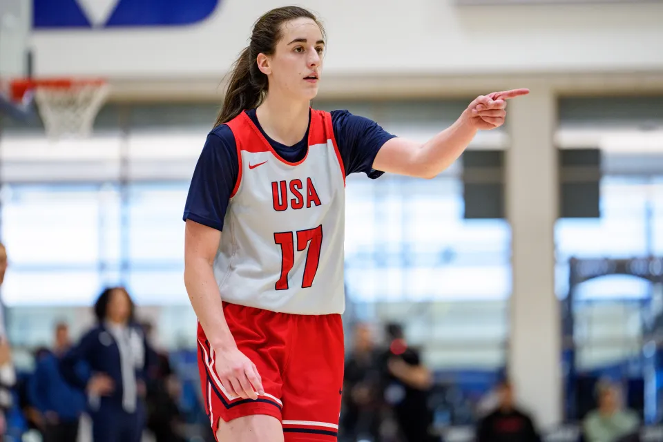 Caitlin Clark #17 looks on during the United States Women's Basketball Team training camp at Duke University