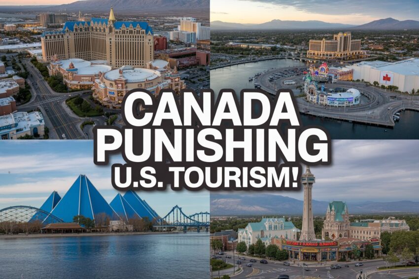 A dynamic composite of empty casinos and vacant theme parks across nevada and florida, with a bold text overlay: “canada’s distant coolness: u. S. Tourism in crisis! ”