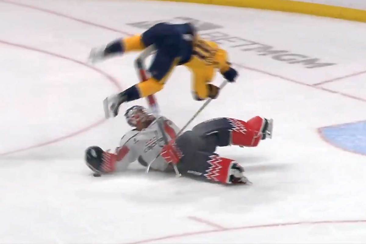 While racing for a loose puck, Charlie Lindgren flips Steven Stamkos after pitchforking him in the nads