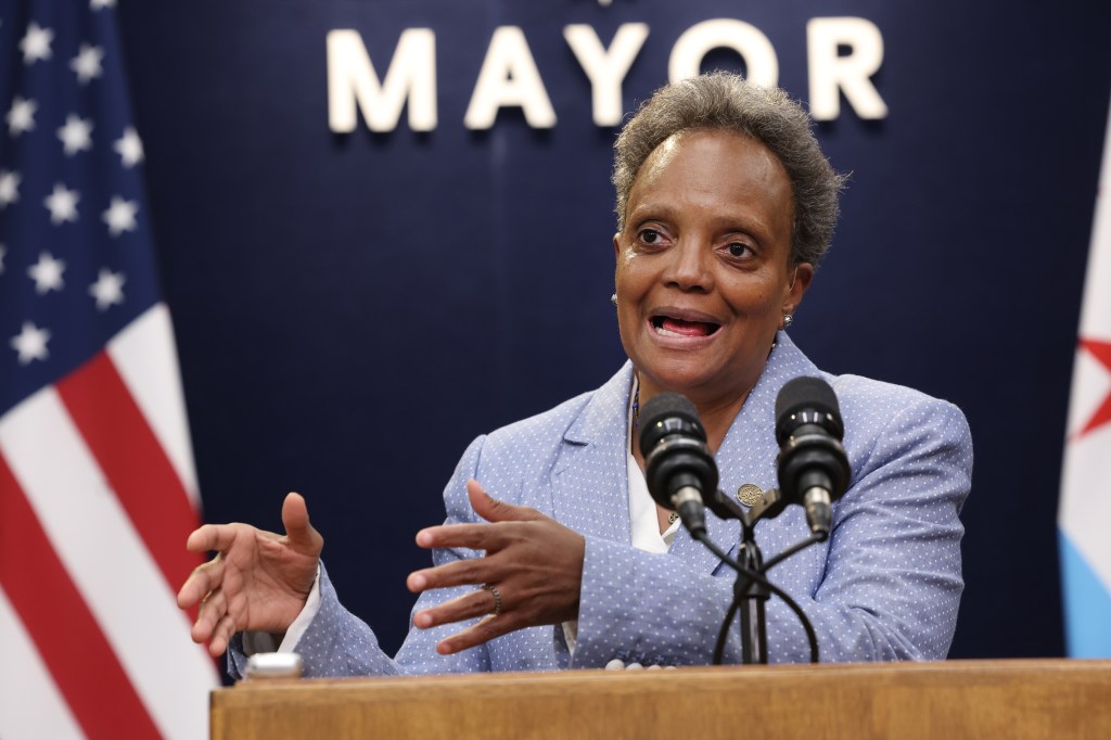 Chicago Mayor Lori Lightfoot speaking at a press conference.